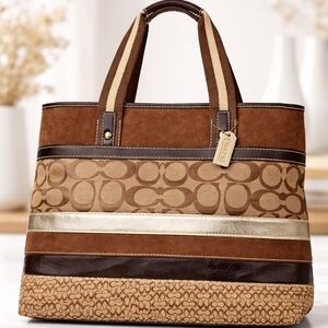 Coach Brown Signature Suede & Canvas Tote Bag